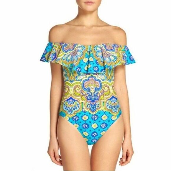 TRINA TURK Ruffle Bandeau One Piece Swimsuit Floral Print Size 8 - Picture 1 of 12